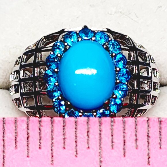 Sleeping Beauty Turquoise & Neon Apatite Halo ring in Rhodium over 925 SS 3ct s8 - Picture 2 of 5
